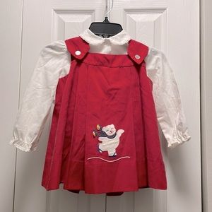 2 piece red snowy bear winter dress set, child size 24 months